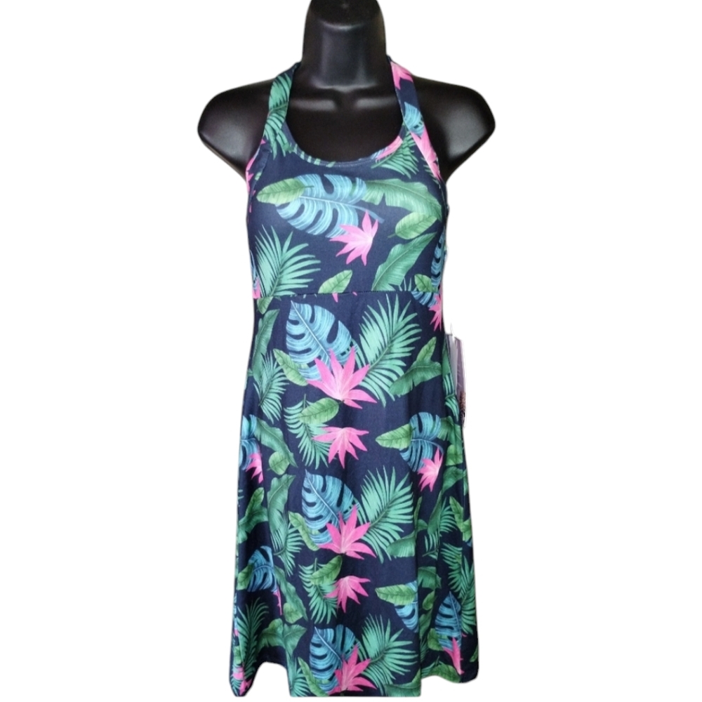 Kyodan Outdoor NWT halter midi dress with built in bra, floral Palm Leaves